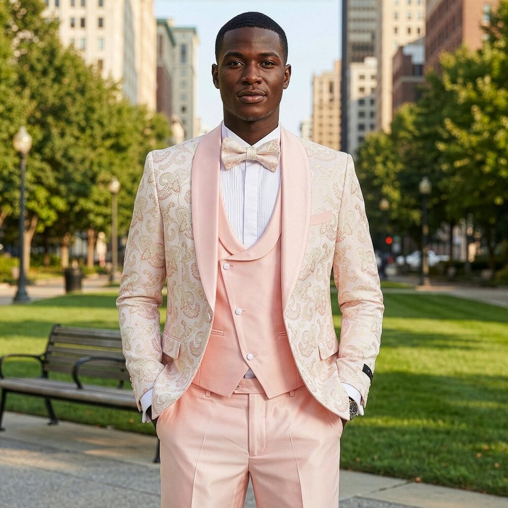 New 2026 Mens 3pc Paisley Spring Blush Suit Set, Skinny Fit